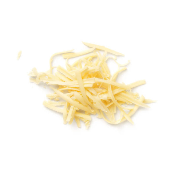 Grated cheese isolated on white background. Flat lay, top view