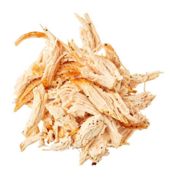 Heap of pulled chicken meat isolated on white background. Top view, clipping path included